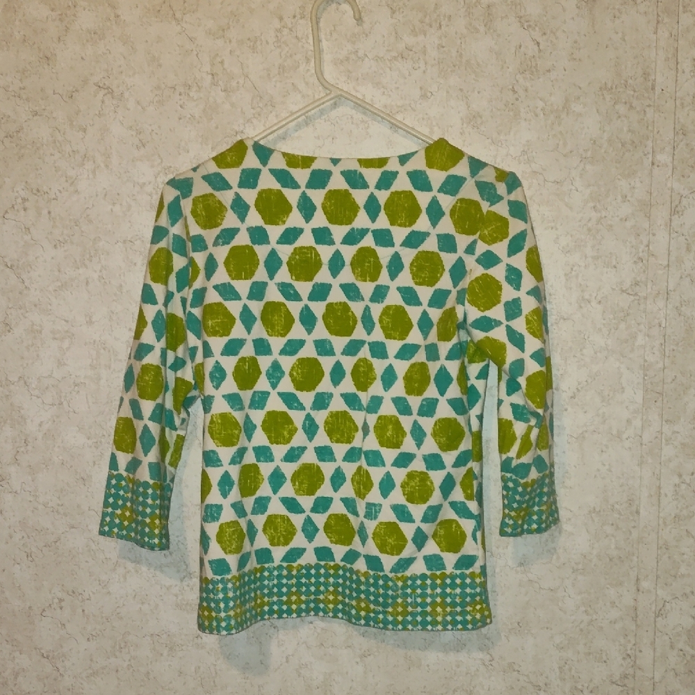Ruby Rd. Long Sleeve Tee Green and Blue Geometric Pattern - Picture 4 of 7